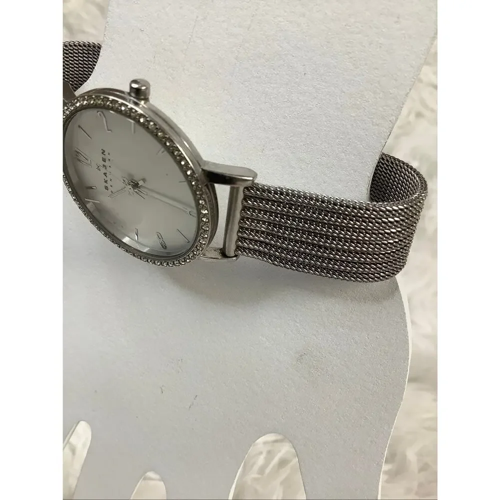 Skagen Silver Stainless Steel Mesh Band Pave Crystal Analog Quartz Watch A5-8